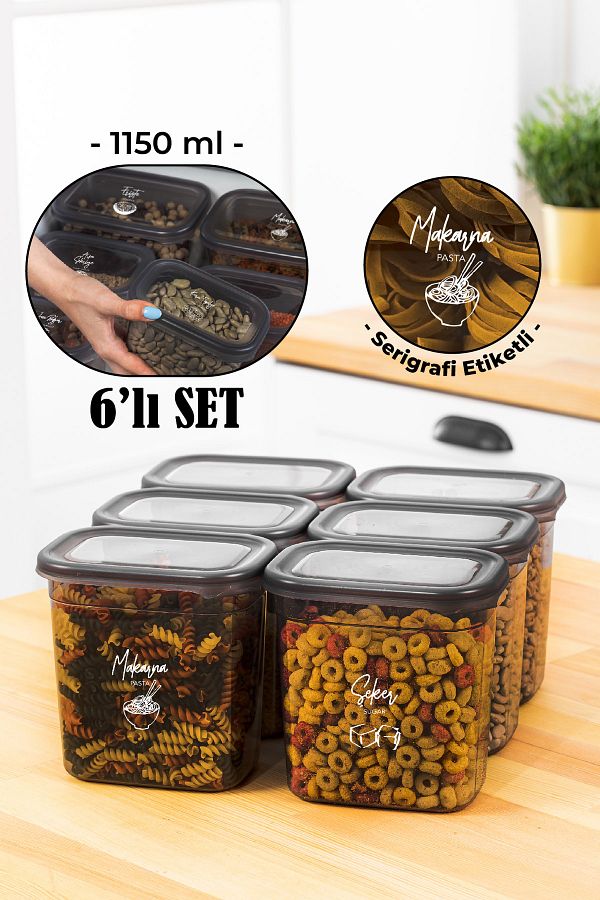Vienev-Set of 6 Peggy Rectangular Storage Containers with White Screen Printing Label 1150 Ml Anthracite 1