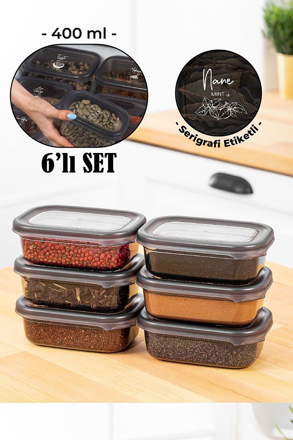 Vienev-Set of 6 Peggy Rectangular Spice Storage Containers with White Screen Printing Label 400 ml Anthracite 1