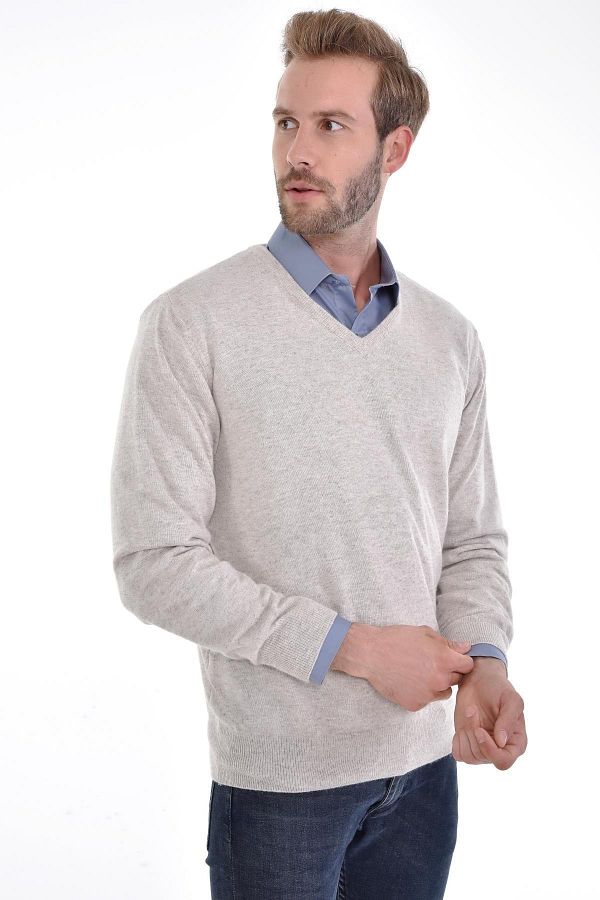 Cizgi Triko Men s V Neck Beige Angora Rabbit Wool Sweater Regular Fit Trendyol
