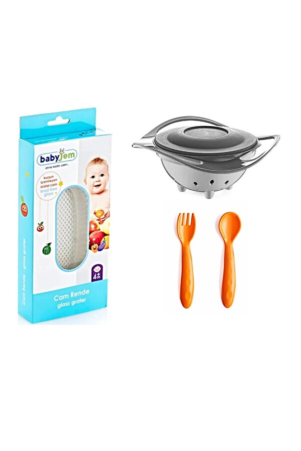 Babyjem Cam Rende + Dökülmeyen Tabak Gri + Mama Kaşık Çatal Takımı Sarı