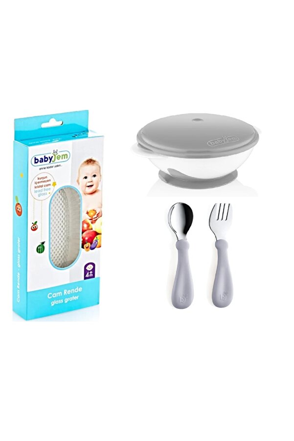 Babyjem Cam Rende + Vakumlu Mama Tabağı Gri + Paslanmaz Çelik Çatal Kaşık Seti Gri