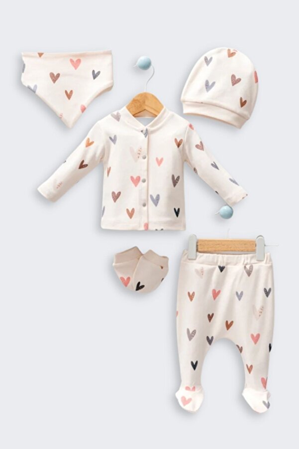 Minytrendy Kız Bebek 5 Parça %100 Organik Pamuk Kalpli Yenidoğan Hastane Çıkış Seti 0-3 Ay