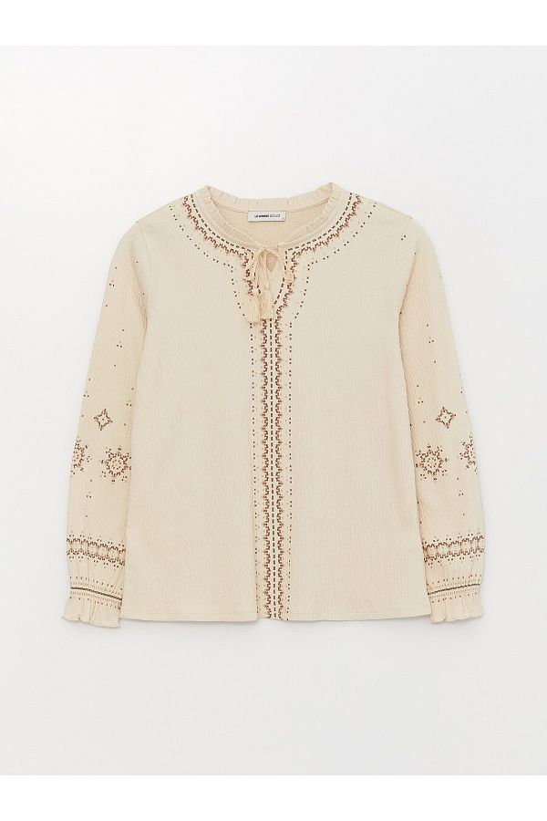 LC Waikiki-Damenbluse mit Stickerei-Detail, langen Ärmeln und gebundenem Kragen 1