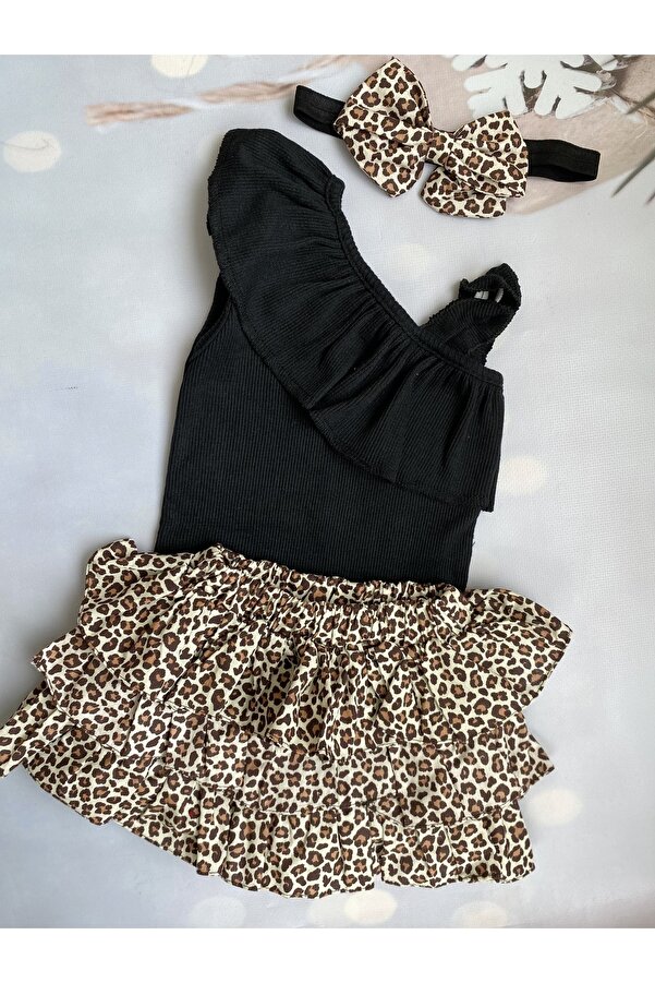 Mini Kids Baby Kız Bebek Tek Omuz Askılı Fırfırlı Body Leopar Desenli Şort Etek Bandana Takım