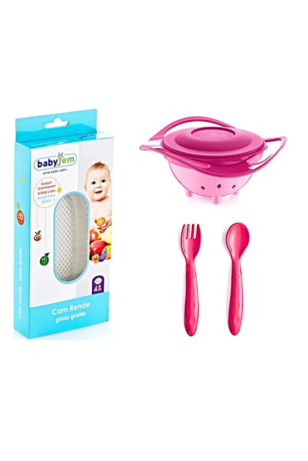Babyjem Cam Rende + Dökülmeyen Tabak Pembe + Mama Kaşık Çatal Takımı Kırmızı