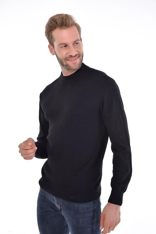 Çizgi Triko-Men's Half Fisherman Angora Rabbit Wool Black Sweater Regular Pattern 1