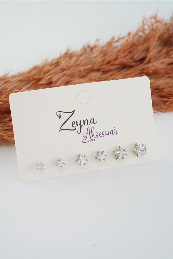 By Zeyna Aksesuar-Women's 3 Sizes 6 Baguette Star Zircon Stone Earring Set 1