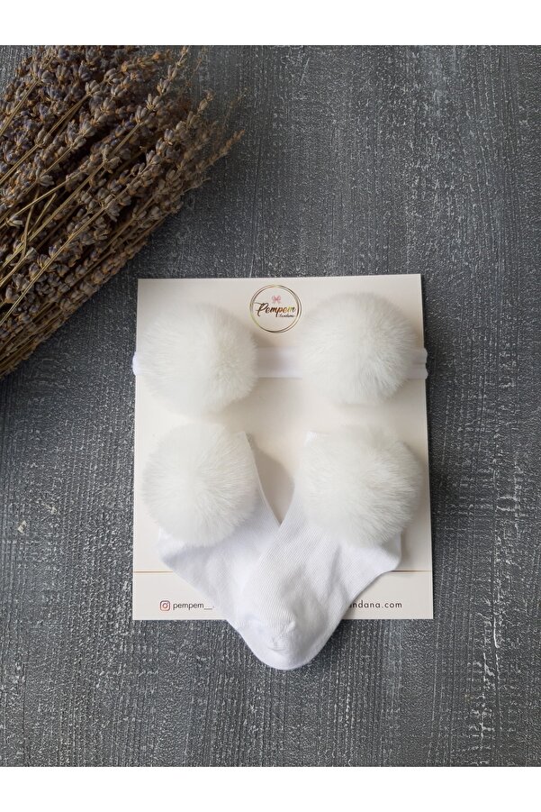 pempem bandana Kız Bebek Beyaz Kısa Ponponlu Corap Bandana Takım