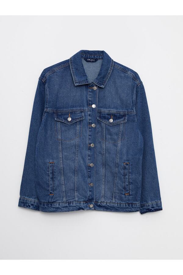 LC Waikiki Women's Jean Jacket Shirt Collar, Solid, Long Sleeve