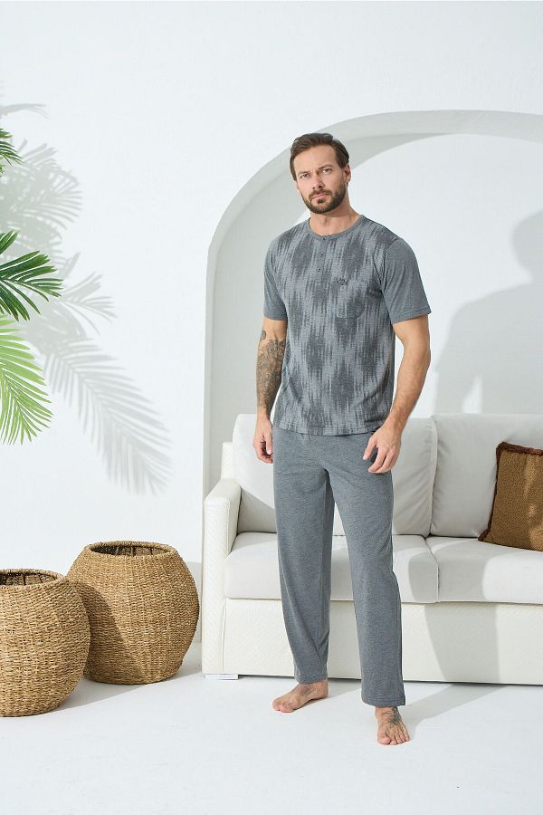 KLY-Midi Collar Oversize Patterned Short Sleeve Plus Size Pajama Set 1