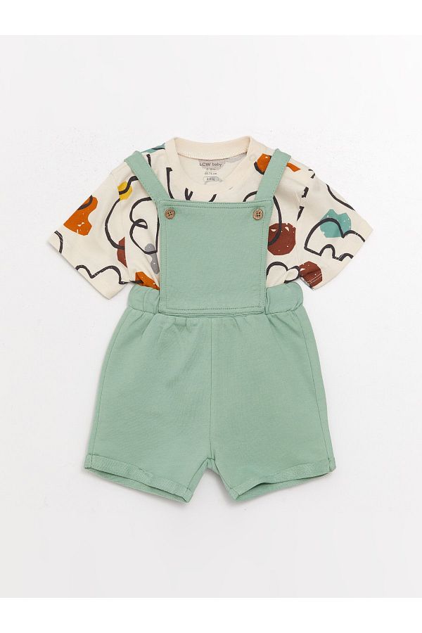 LC Waikiki-Bedrucktes T-Shirt und Salopet für Babys, Jungen, Rundhalsausschnitt, kurzärmlig, 2er-Set 1