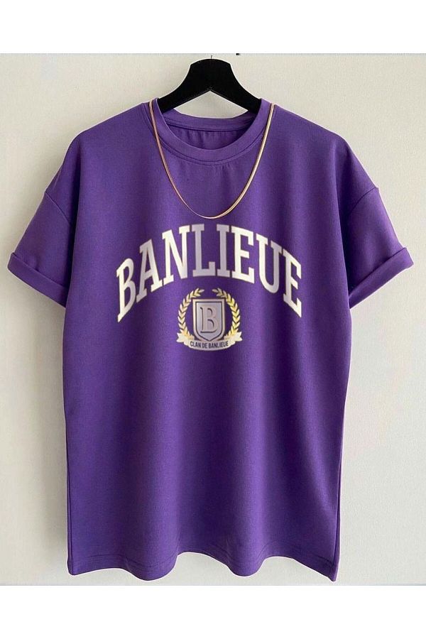 Keywest Banlieue Printed Purple Color Cotton Oversize T shirt Trendyol