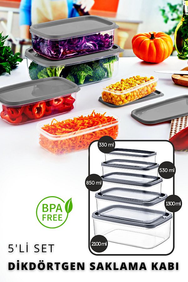 Open Home-Set of 5 Embox Rectangular Food Storage Container Anthracite 1