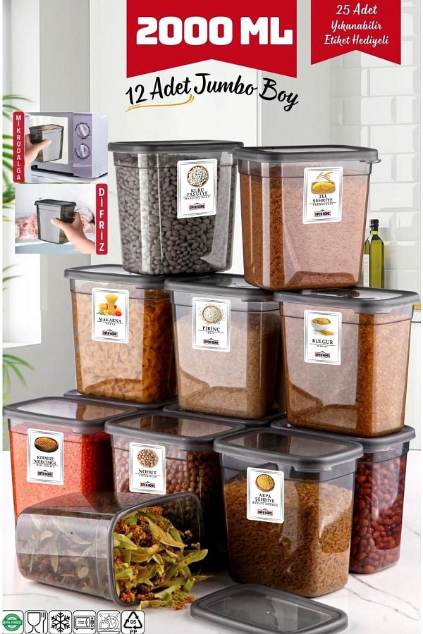 Open Home Concept-12 Pieces Jumbo Size - 2000 ml Anthracite Rectangular Storage Container 1