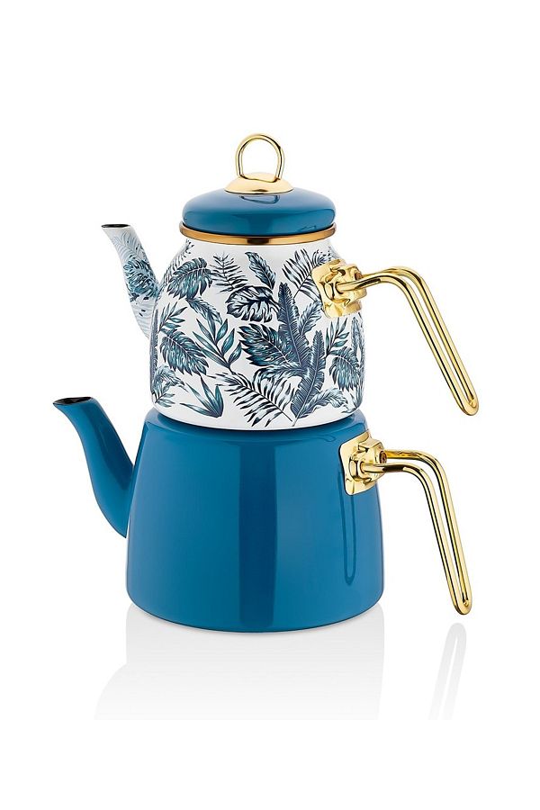 PORLİSMA-Blue Leaf Patterned Enamel Teapot, Leaf Patterned Teapot 1