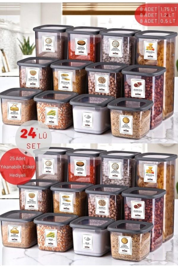 Open Home Concept-Set of 24 Unbreakable Square Food Storage Container with Label Anthracite X8 1.75 Lt/1.2 Lt/0.5 Lt 1