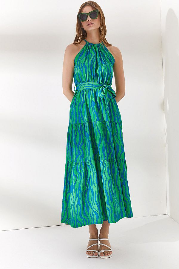 Olalook-Rochie de viscoză țesătă cu curea pentru femei, verde zebră, cu guler cu curea, ELB-19001548 1