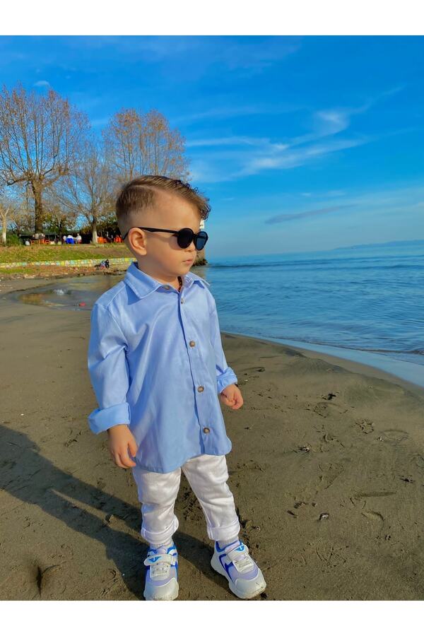 favorimkids Erkek Bebek Bebe Mavisi Keten Pamuklu Gömlek