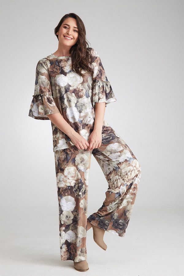 Seamoda-Women's Double Suit with Ruffled Sleeves and Floral Print - Coffee-Bb Pra- 236519 - 500679 1