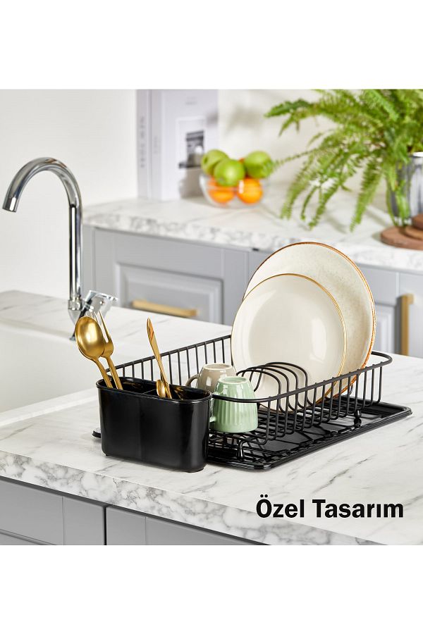 ORSA HOME 088 Matte Black Modern Plate Holder Oval Dish Rack with Spoon Holder and Tray Trendyol