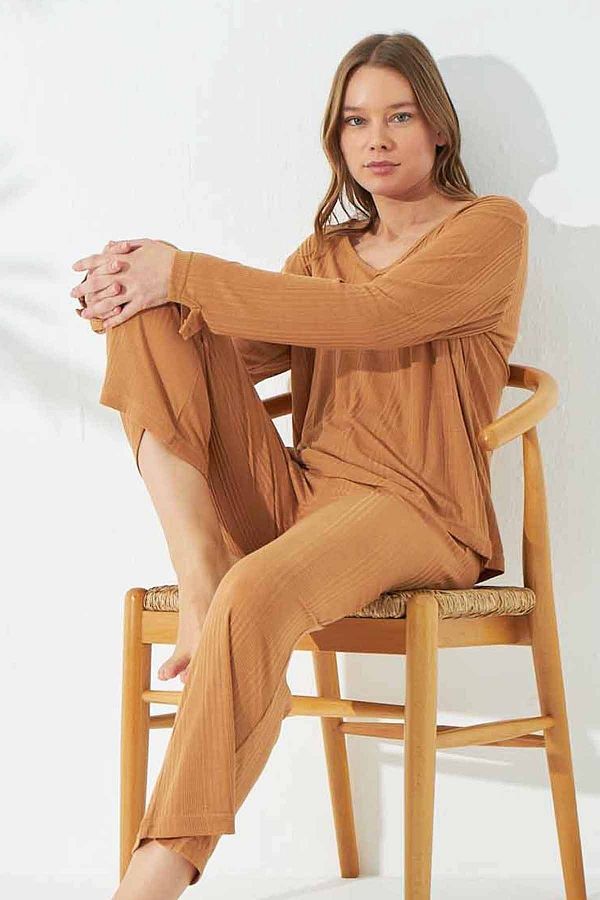 Siyah İnci-Tan Color Soft Touch Thin Knitted Pajama Set 1