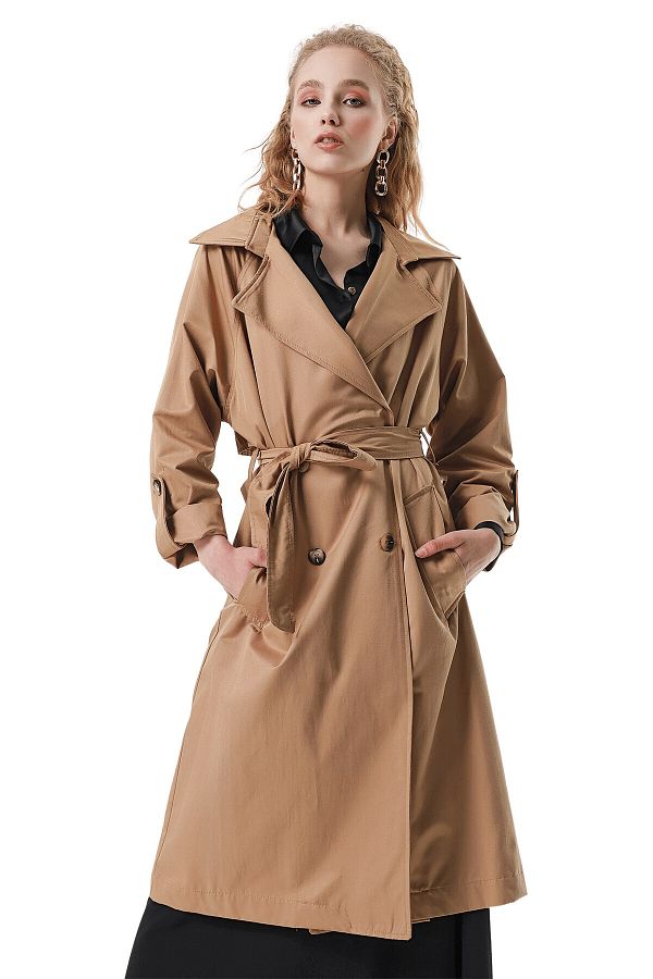 butikburuc Camel Color Women s Trench Coat Double Breasted Collar and Belted Trendyol