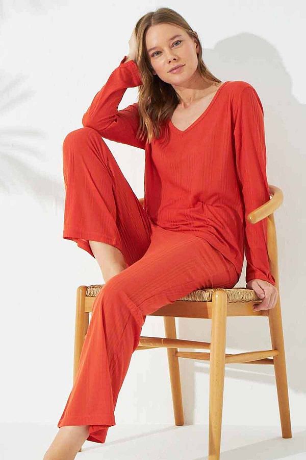Siyah İnci-Orange Soft Touch Thin Knitted Pajama Set 1