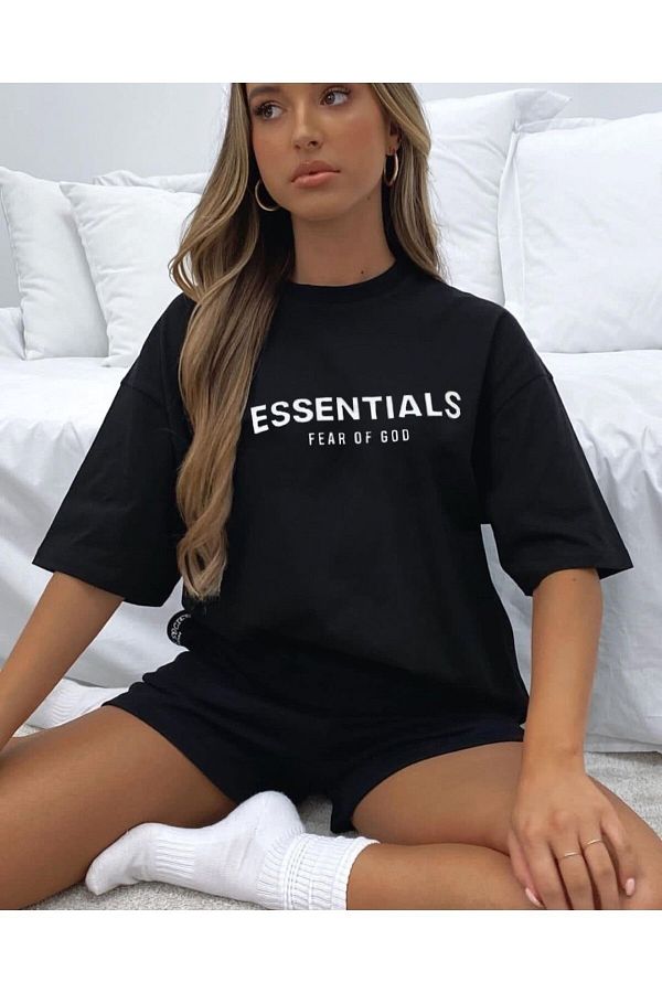 Keywest Essentials Fear Of God Printed Black Shorts T shirt Summer Set Trendyol
