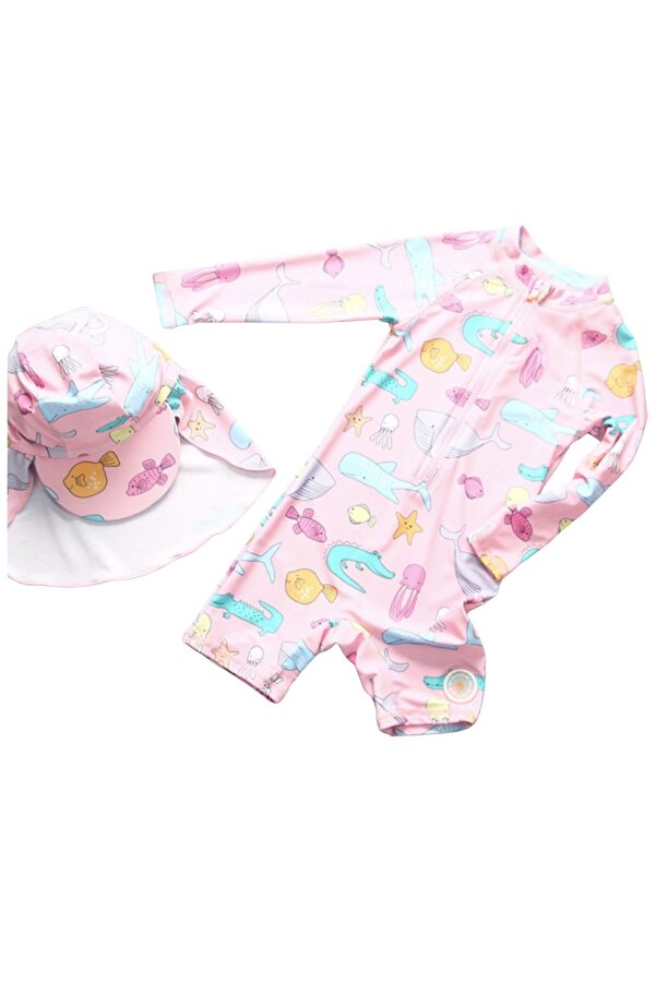 Petityu Upf50+ Kız Çocuk Pembe Hizli Kuruyan Kolay Giyilen Fermuarli Tulum Mayo Sapka Set