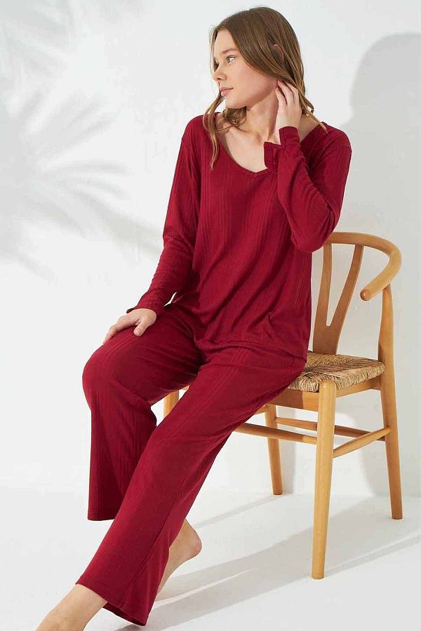 Siyah İnci-Claret Red Soft Touch Thin Knitted Pajama Set 1