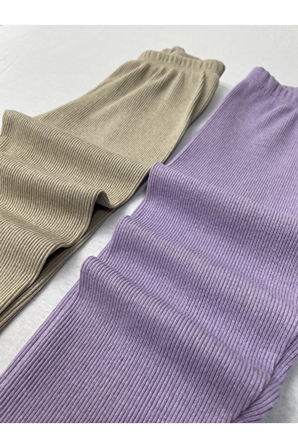 Ary Esnek Fitilli Taş - Lila 2li Kız Erkek Çocuk Tayt