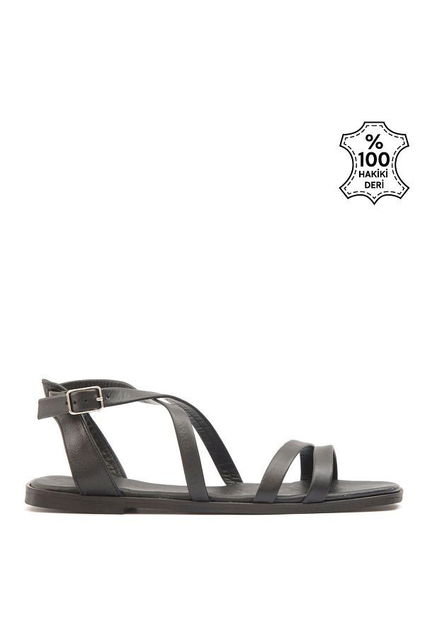 Sole Sisters-Flache Sandalen aus echtem Leder in Schwarz - Dalyan 1