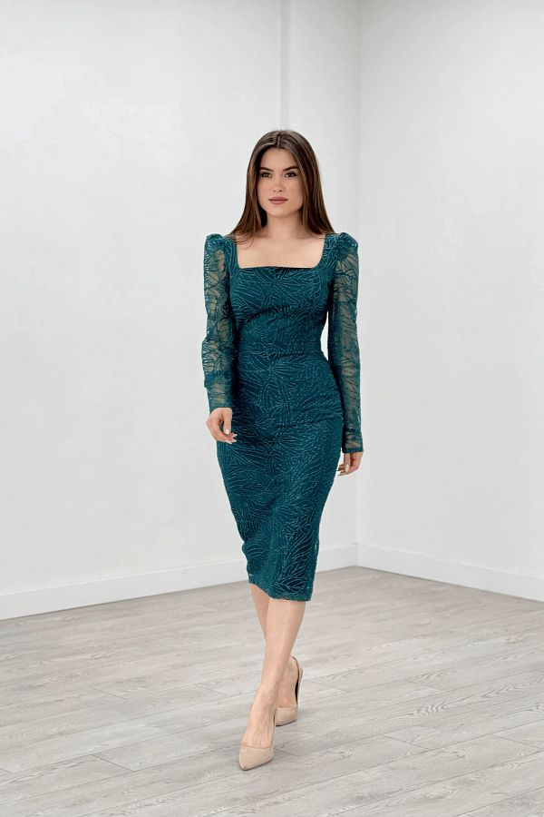 giyimmasal Glitter Fabric Square Collar Pencil Dress Emerald Green Trendyol