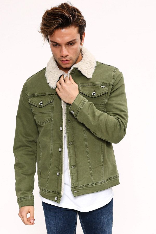 Little Cup Fur White Green Men s Denim Jacket Trendyol