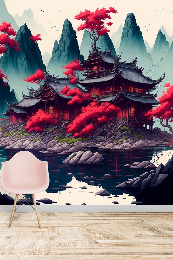Dekoros-Chinese Hutches And Red Trees Scenery Wallpaper From Ancient 1