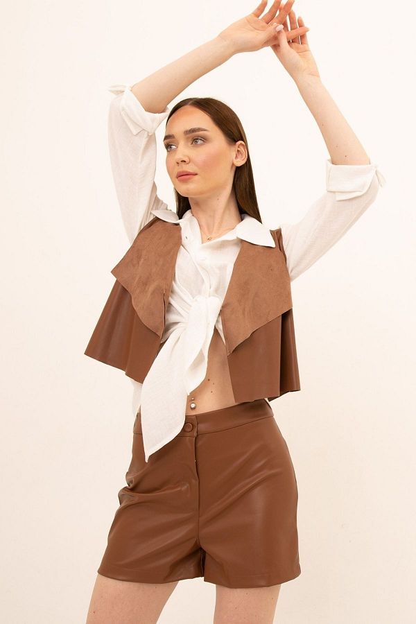 Laranor-Pantaloni scurți maro din piele artificială 1