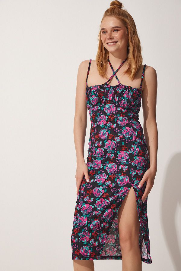 Happiness İstanbul-Rochie tricotată de vară cu flori neagră roz pentru femei DP00182 1