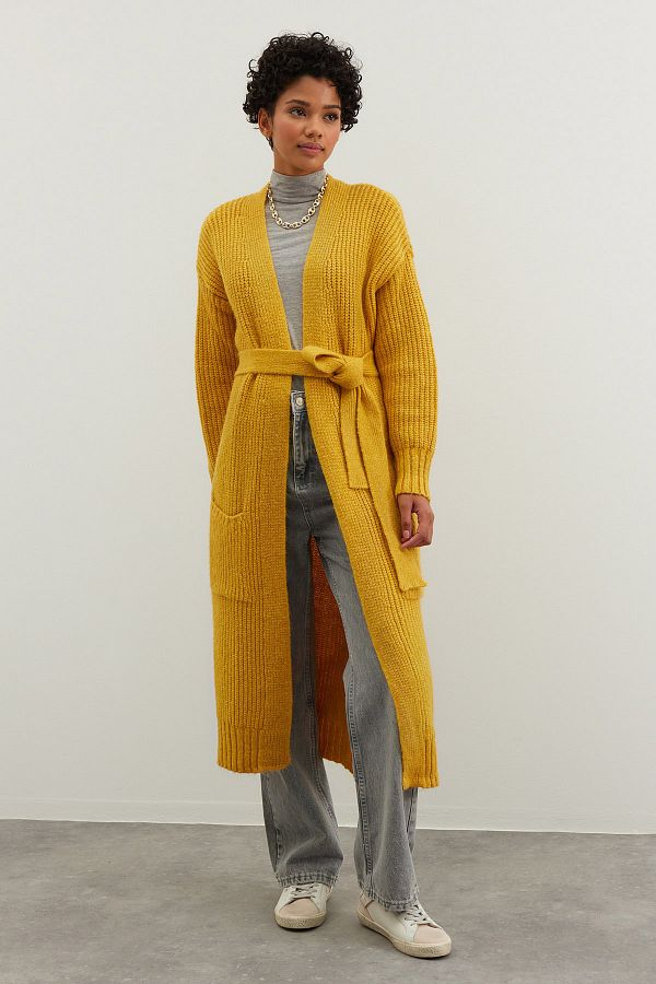 TRENDYOL MODEST Mustard Belted Long Thessaloniki Knit Cardigan TCTAW24TH00016 Trendyol