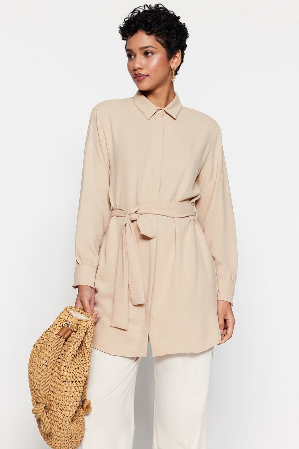 Trendyol Modest-Stone Belted Hidden Placket Woven Shirt TCTSS21TN0049 1