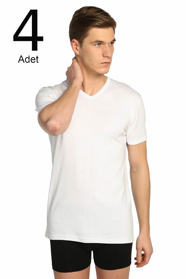 Tutku-Men's White 4-Pack Ribbed V-Neck Undershirt ELF568T0107CCM4 1