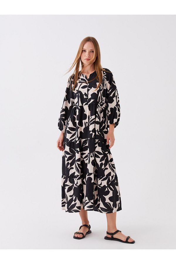 LC Waikiki-Dámské šaty se vzorovaným oversize netěsným límcem 1