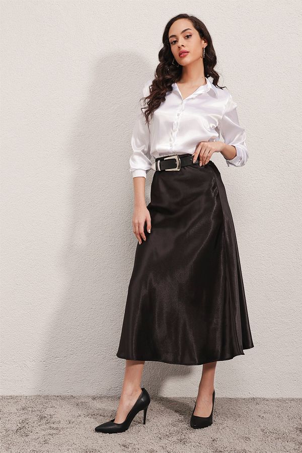 SHOP FOR ALL Women s Satin Black Midi Flared Skirt Trendyol