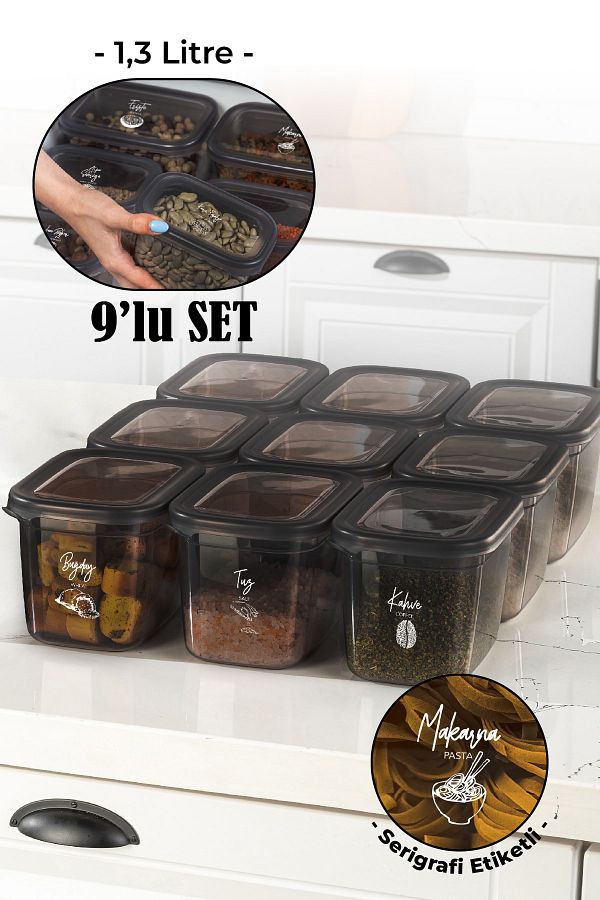 Vienev-Set of 9 with White Screen Printing Label Peggy Long Rectangular Storage Container with Transparent Lid 1.3 Liters 1
