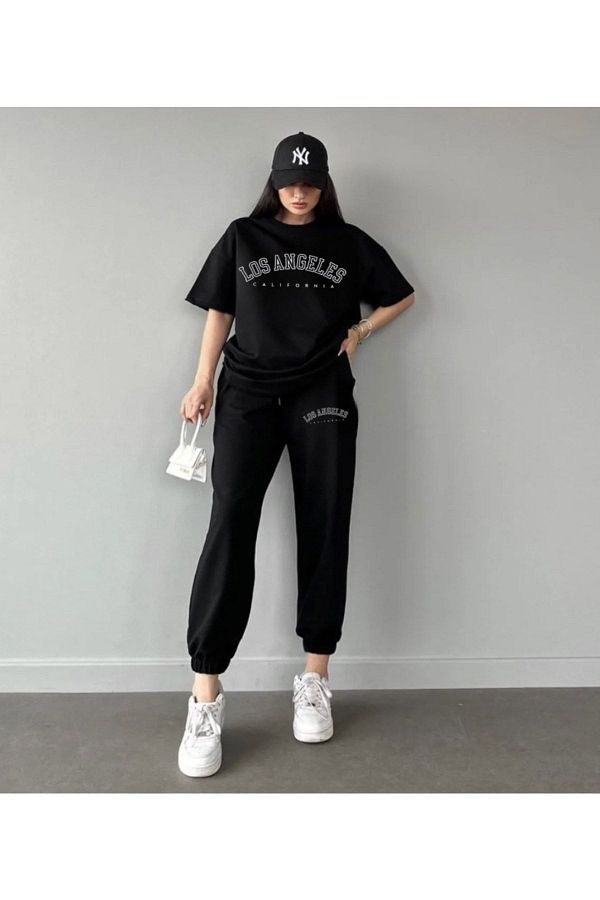 DUBU BUT K Los Angeles T shirt Sweatpants Jogger Black Printed Bottom Top Tracksuit Set Oversize Crew Neck Trendyol