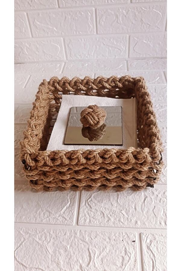 Egindra-Wicker Jute Mini Basket - Cornered and Square Decorative, Glass Lid, Organizer-Napkin Holder 1