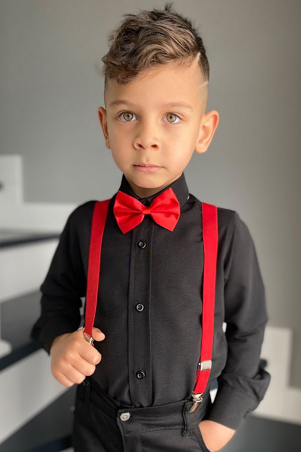 Entel Boy's Long Sleeve Plain Black Shirt Strap Bow Tie 3 Entel Boy's Long Sleeve Plain Black Shirt Strap Bow Tie 3