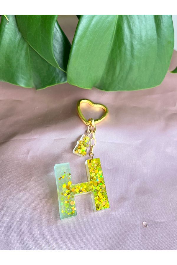 whiteandgolddesign Epoxy Letter H Letter Keychain Turquoise Gold Glitter Trendyol