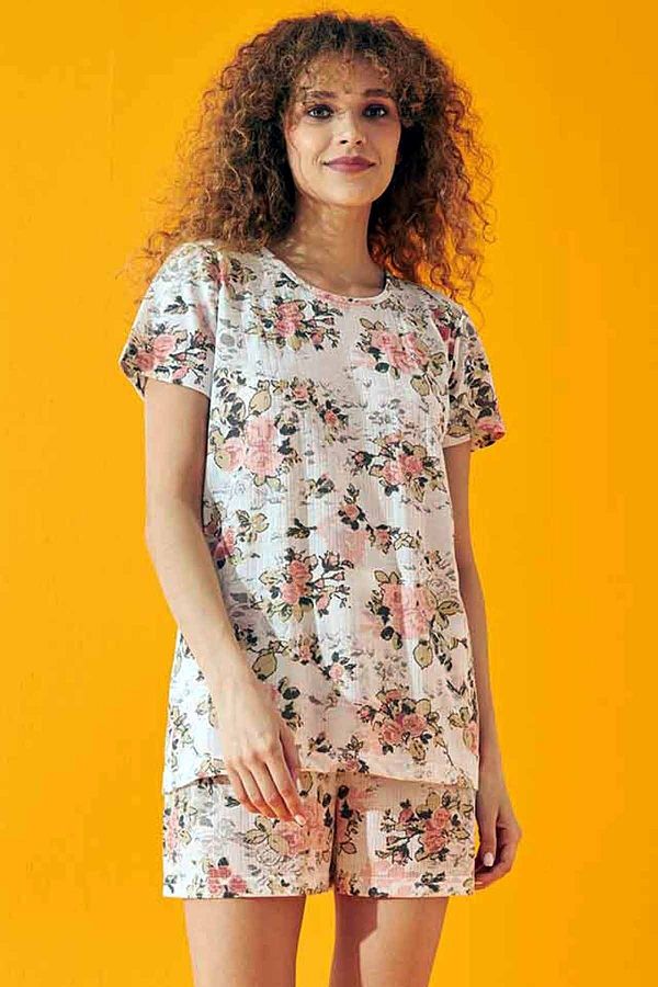 Siyah İnci-Salmon Flower Pattern Soft Touch Thin Knitted Shorts Set 1