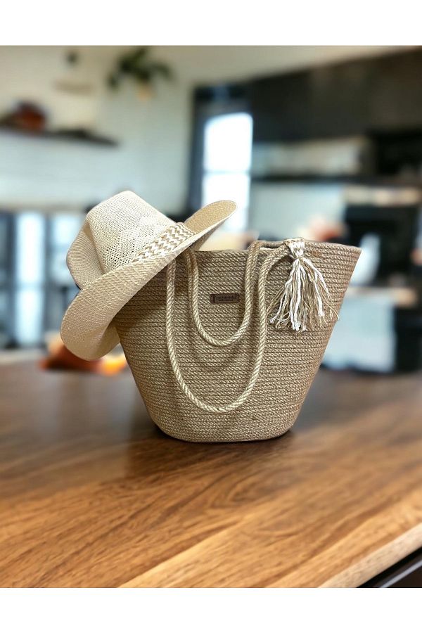 AY E SERHO O LU HOME DES GN Straw Bag Beach Bag and Hat Set of 2 Handmade Beach Bag and Beach Hat Trendyol