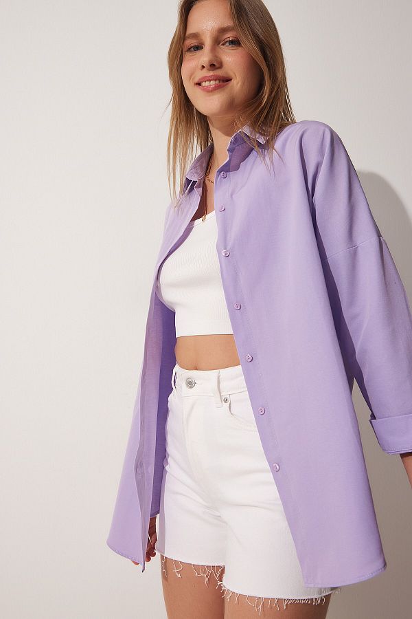 Happiness İstanbul-Helllila Oversize Long Basic Shirt für Damen DD00842 1